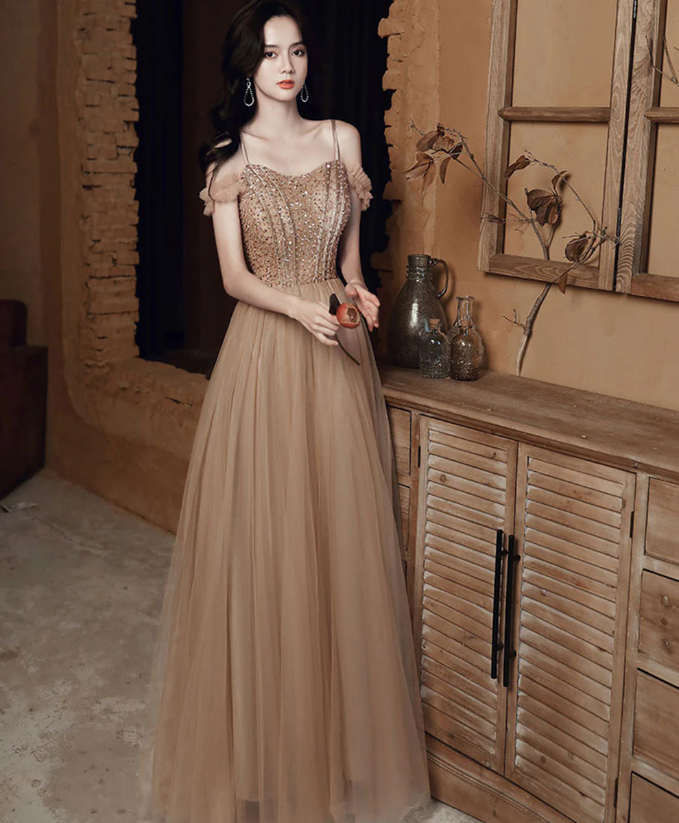 Champagne Sweetheart Aline Long Prom Dress with Beading - Deanwangkt