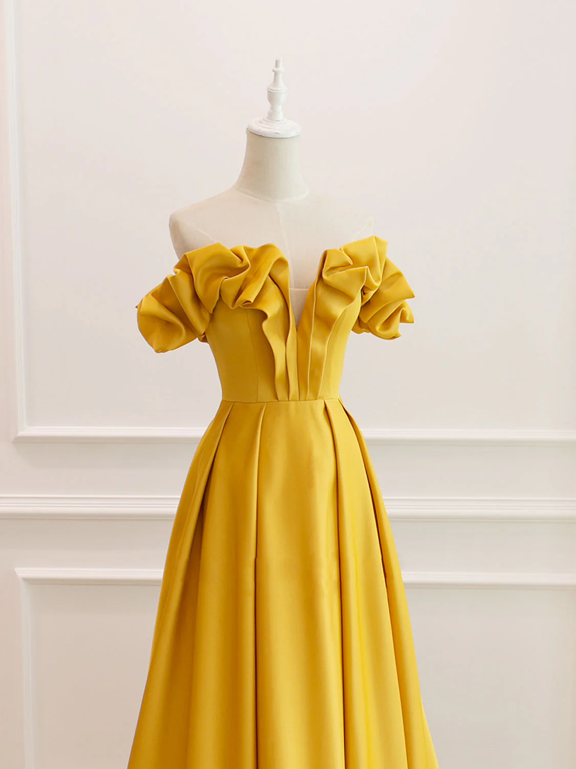 A-Line Off Shoulder Satin Yellow Long Prom Dress, Yellow Formal Evening Dress - Deanwangkt
