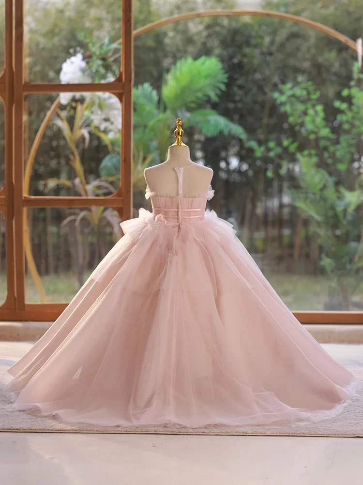 A-Line Pink Tulle Long Flower Girl Dress - Deanwangkt