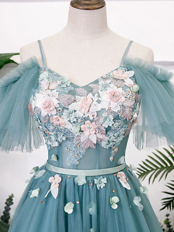 Green V Neck Tulle Lace Long Prom Dress Lace Evening Dress - Deanwangkt