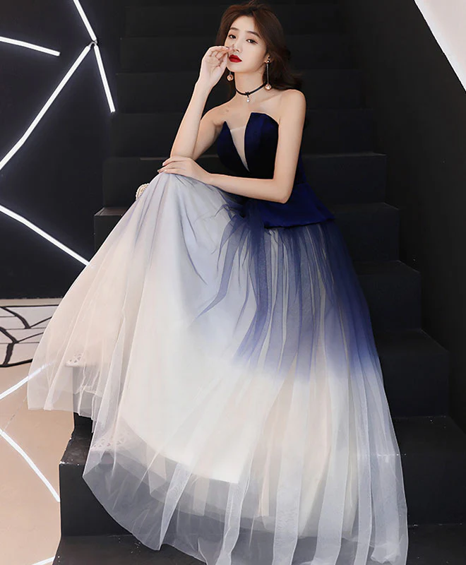 Unique Tulle Dark Blue Long Prom Dress, Tulle Evening Dress - Deanwangkt