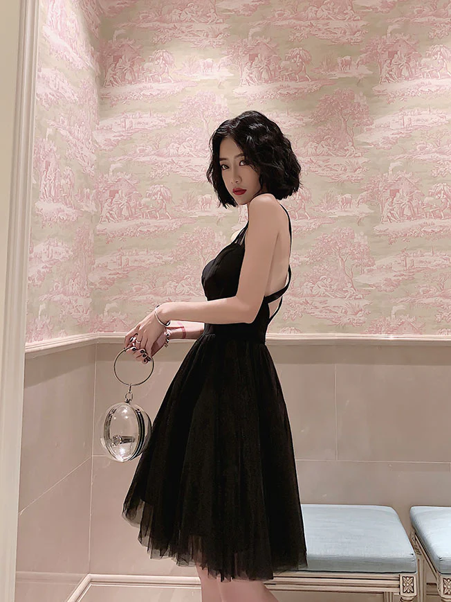 Black Backless Tulle Short Prom Dress, Black Homecoming Dresses - Deanwangkt