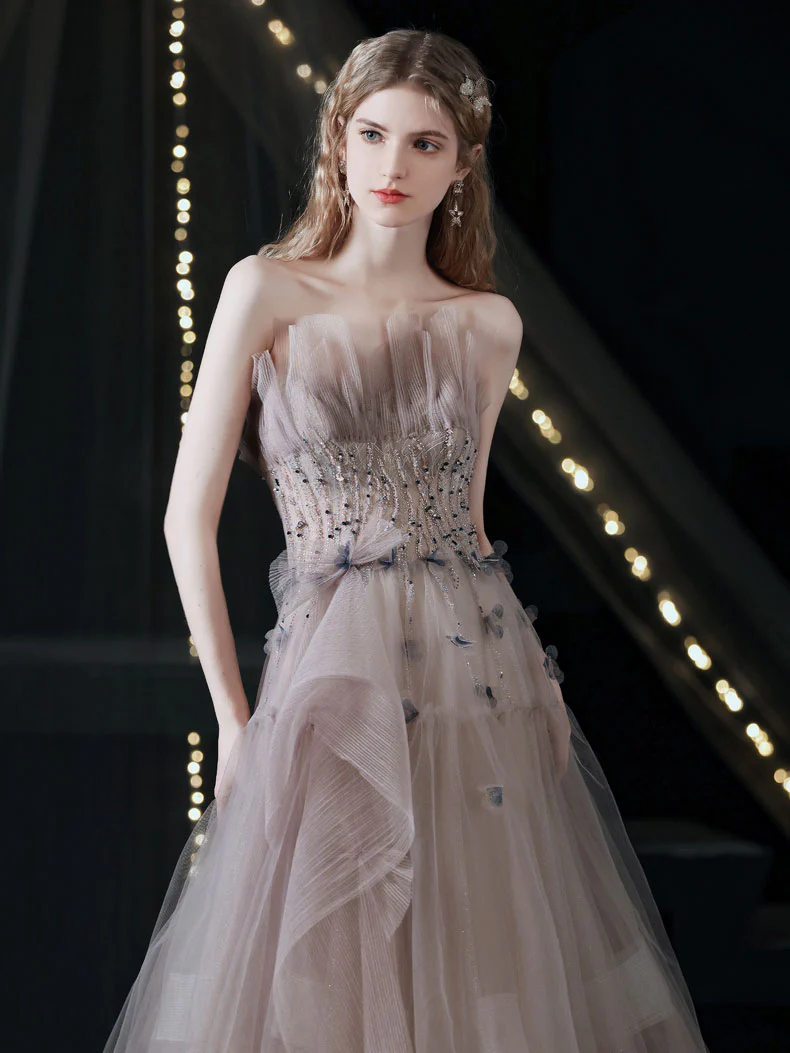 Unique Tulle Beads Long Prom Dress, Light Purple Tulle Evening Dress - Deanwangkt