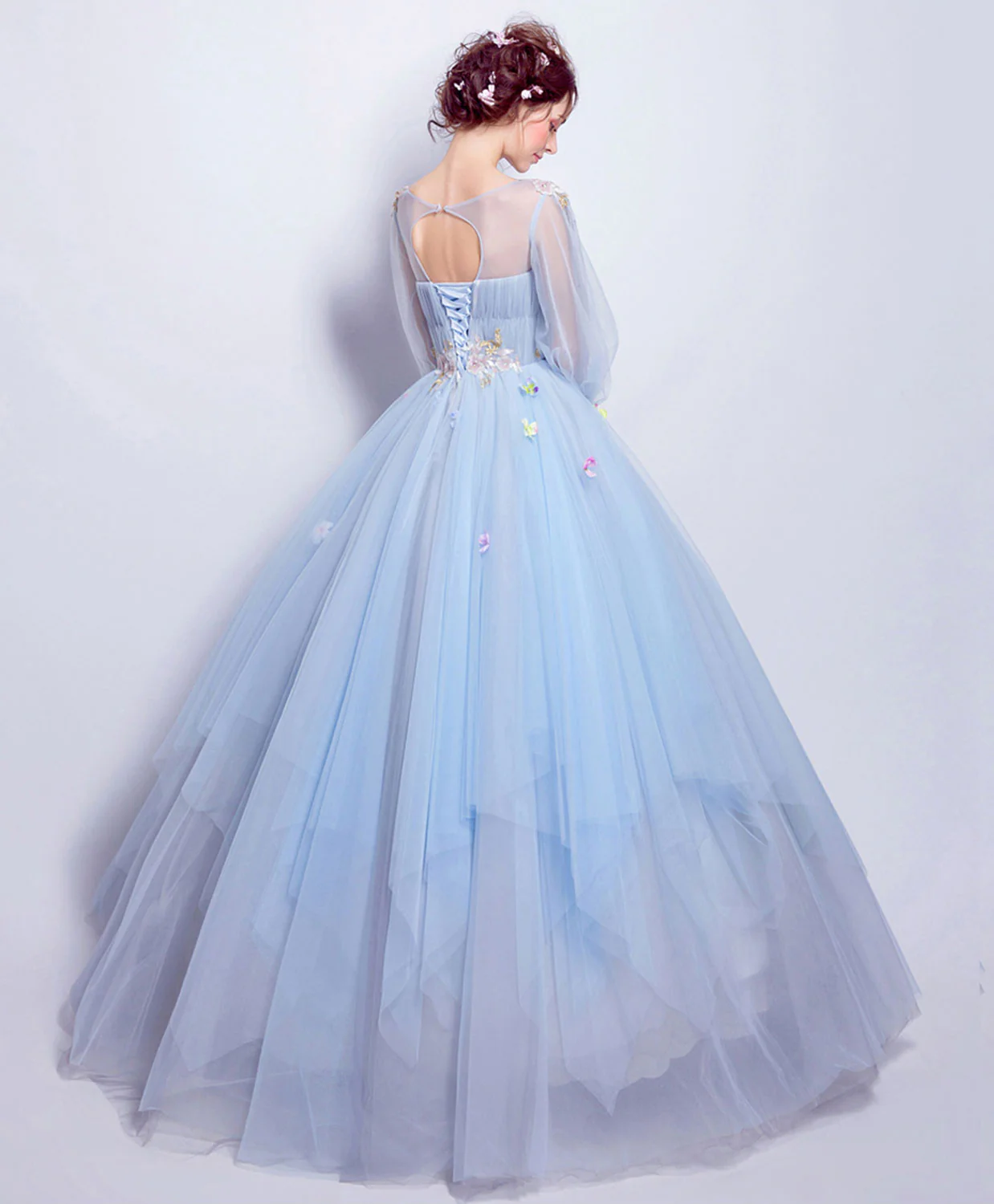 Blue Round Neck Tulle Blue Long Prom Gown, Blue Evening Dress - Deanwangkt