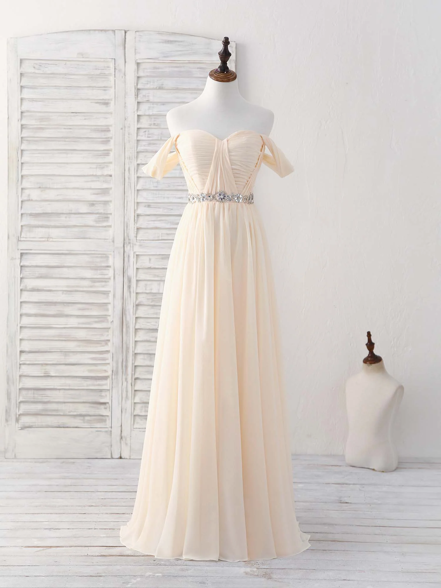 Champagne Chiffon Off Shoulder Long Prom Dress Bridesmaid Dress - Deanwangkt