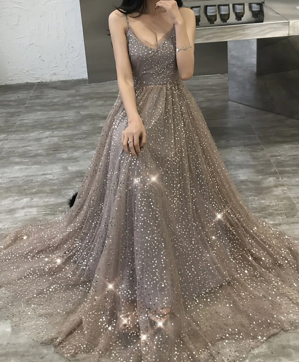 Simple Champagne V Neck Tulle Sequin Long Prom Dress Formal Dress - Deanwangkt