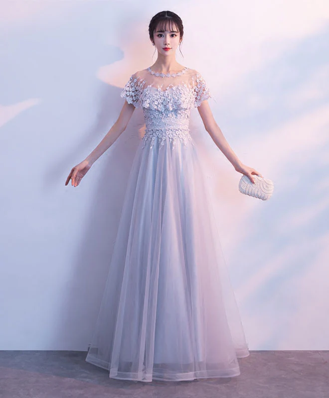 Unique Gray Tulle Long Prom Dress, Lace Evening Dress - Deanwangkt