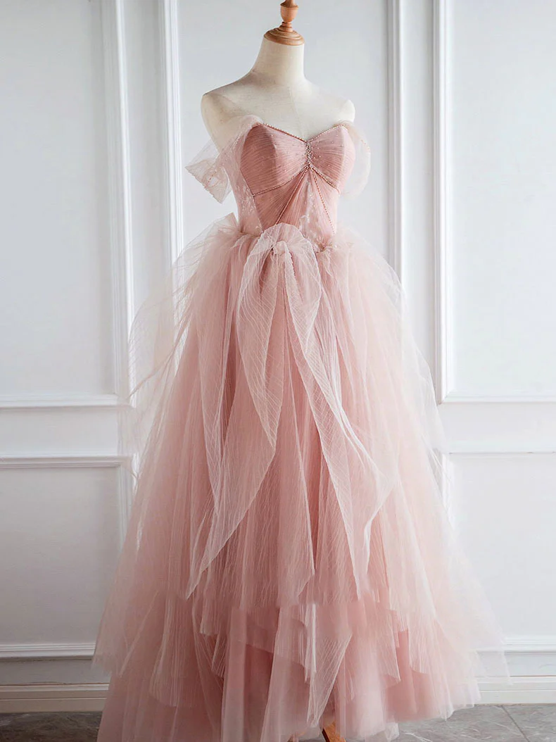 Pink Sweetheart Neck Tulle Long Prom Dress, Pink Sweet 16 Dress - Deanwangkt