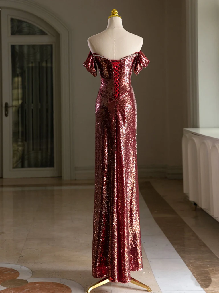 Simple Off Shoulder Sequin Burgundy Long Prom Dress, Burgundy Long Evening Dress - Deanwangkt