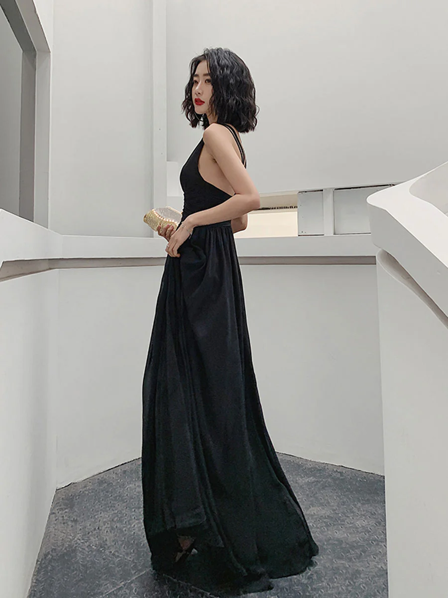 Simple V Neck Chiffon Black Long Prom Dress, Black Evening Dresses - Deanwangkt