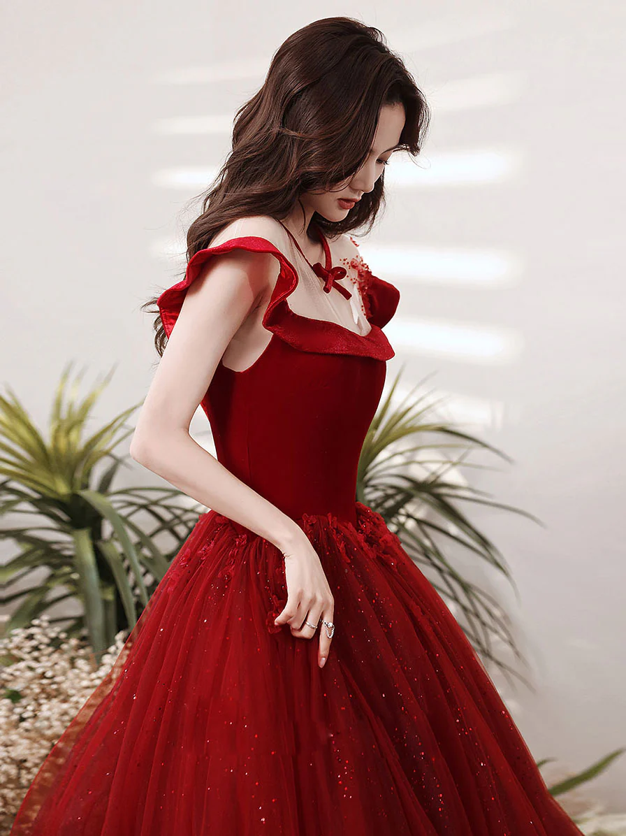 Burgundy Round Neck Tulle Lace Long Prom Dress, Burgundy Evening Dress - Deanwangkt