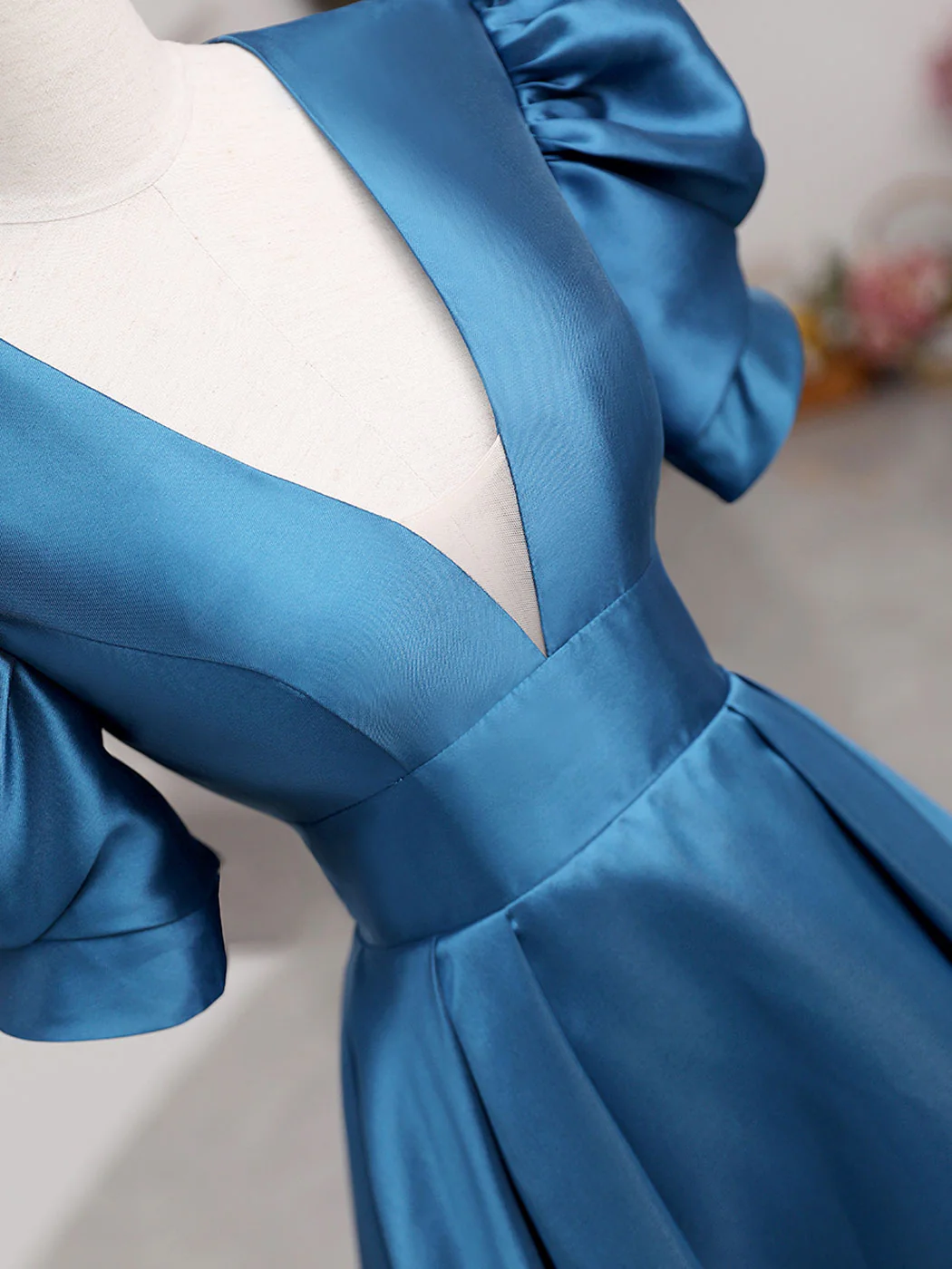 A-Line V Neck Satin Long Prom Dresses, Blue Satin Long Evening Dress - Deanwangkt