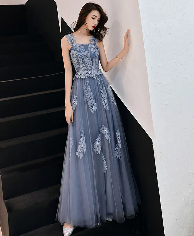 Gray Blue Tulle Lace Long Prom Dress, Gray Blue Tulle Evening Dress - Deanwangkt