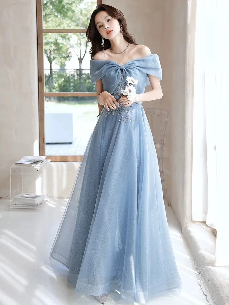 A-Line Off Shoulder Tulle Gray Blue Long Prom Dress, Gray Blue Long Formal Dress - Deanwangkt