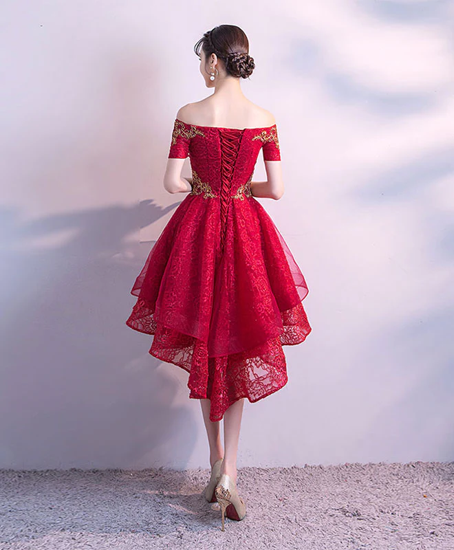 Burgundy Tulle Lace High Low Prom Dress, Burgundy Tulle Homecoming Dresses - Deanwangkt