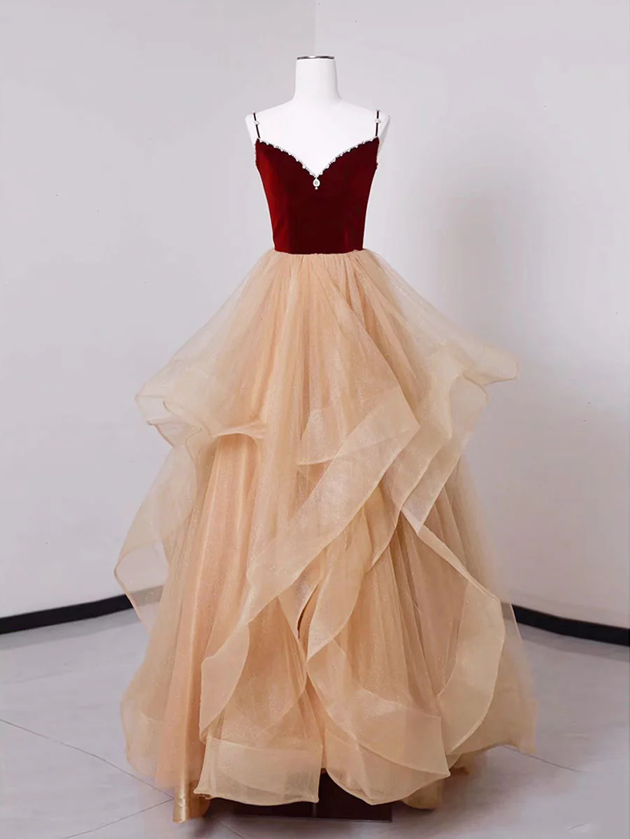 A-Line Champagne Tulle Long Prom Dresses, Velvet Graduation Dresses with Beading - Deanwangkt