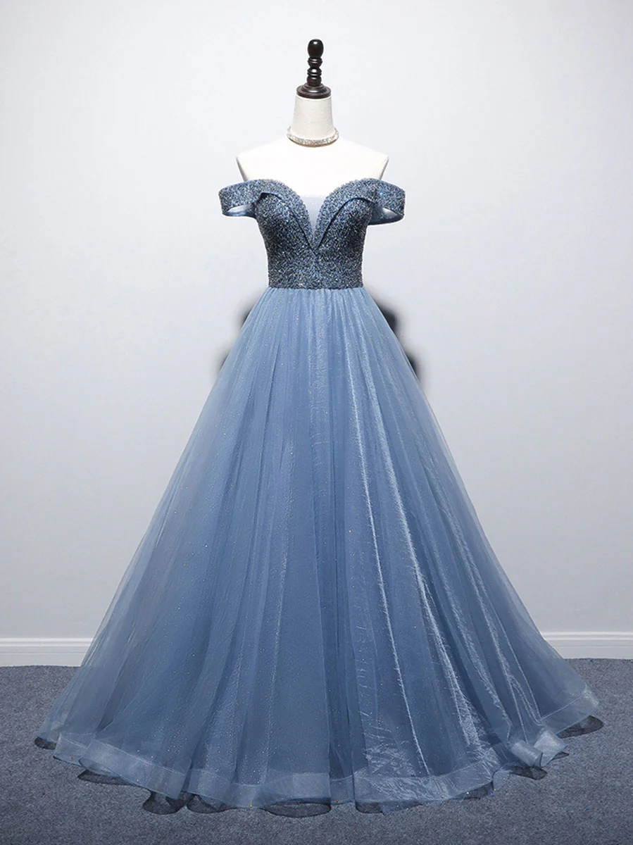 Blue Sweetheart Neck Tulle Beads Off Shoulder Long Prom Dress - Deanwangkt