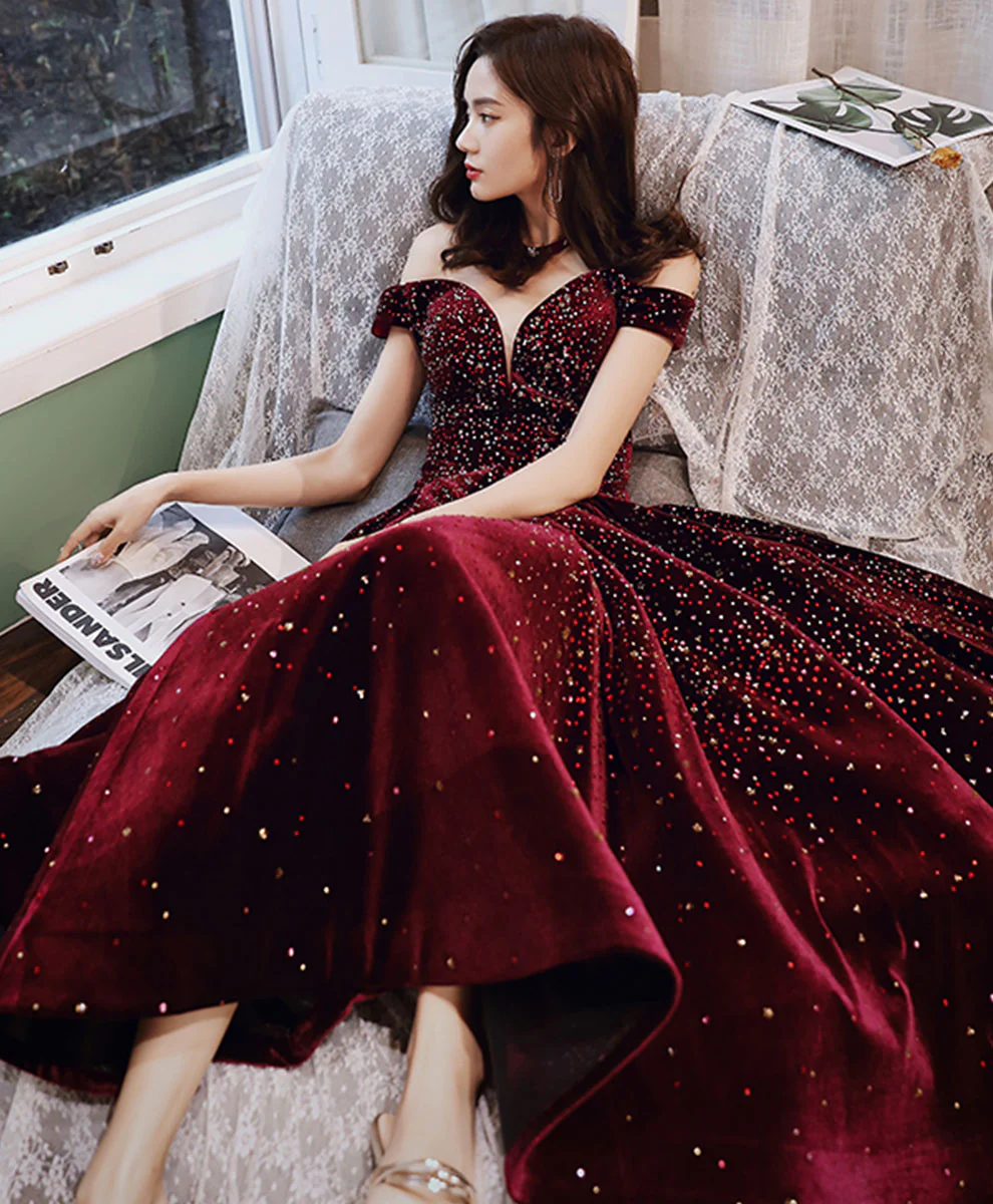 Aline Velvet Sequin Tea Length Burgundy Prom Dress, Burgundy Homecoming Dress - Deanwangkt
