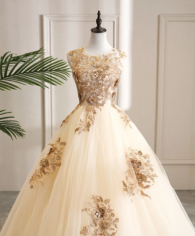 Champagne Tulle Lace Long Prom Dress Champagne Evening Dress - Deanwangkt