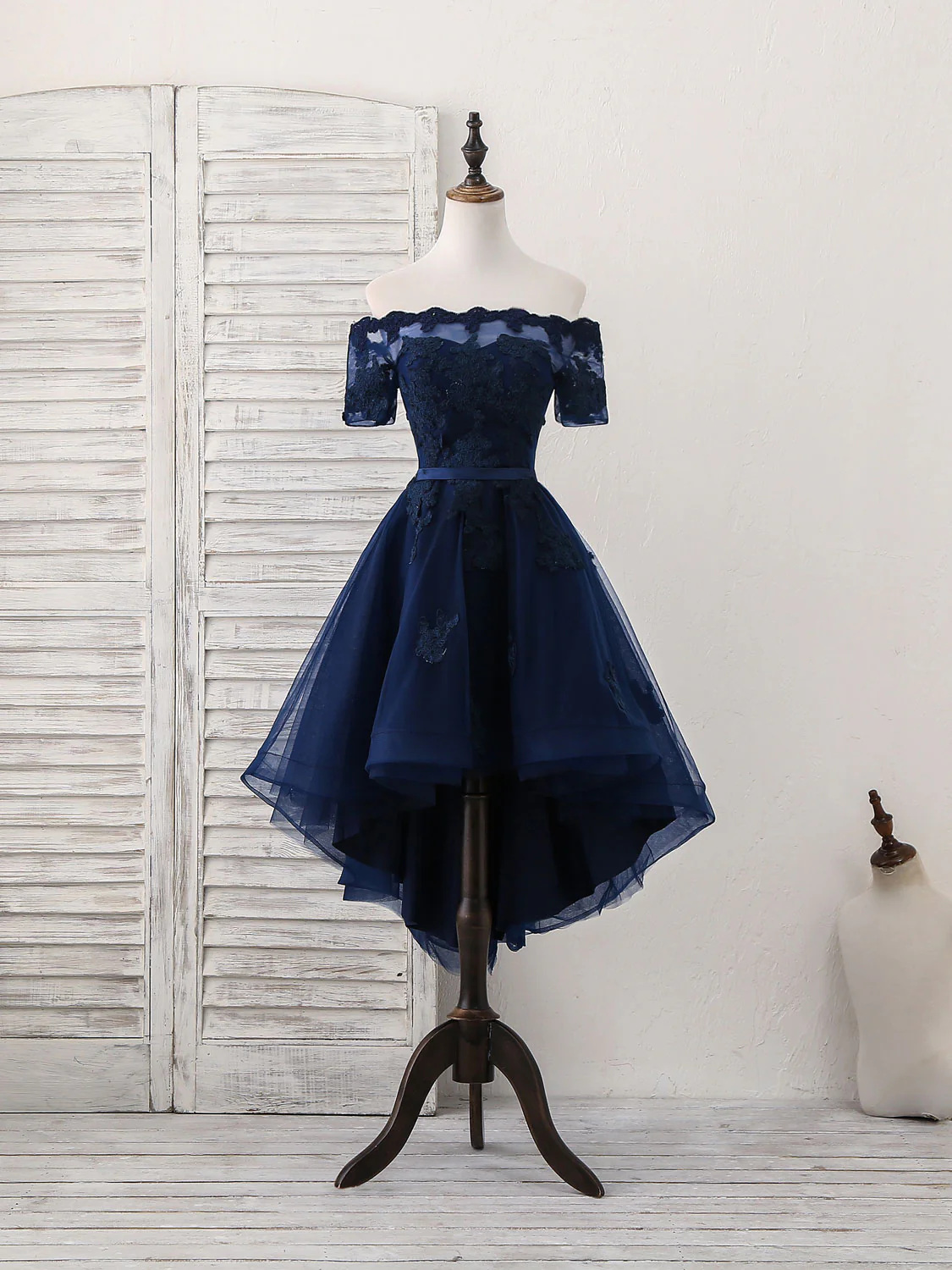 Dark Blue Tulle Lace Short Prom Dress, Dark Blue Homecoming Dress - Deanwangkt