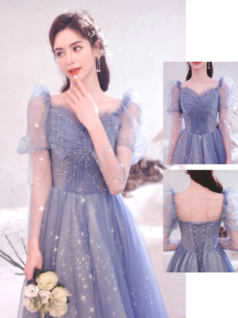 Blue Tulle Lace Long Prom Dress, Blue Tulle Formal Graduation Dresses - Deanwangkt