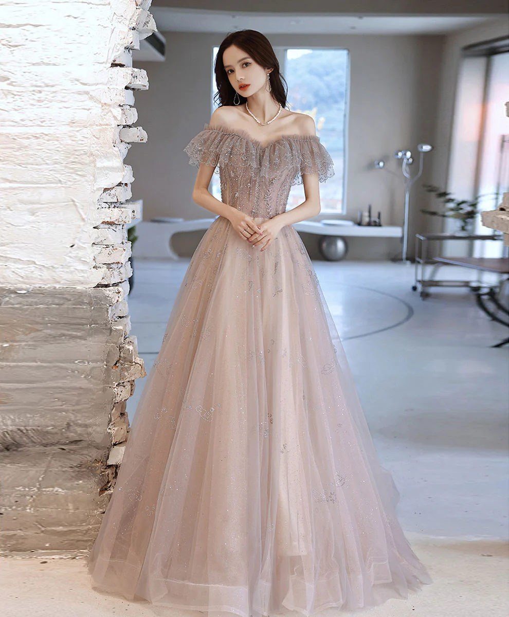 A-line Tulle Lace Off Shoulder Long Prom Dress Tulle Formal Dress - Deanwangkt