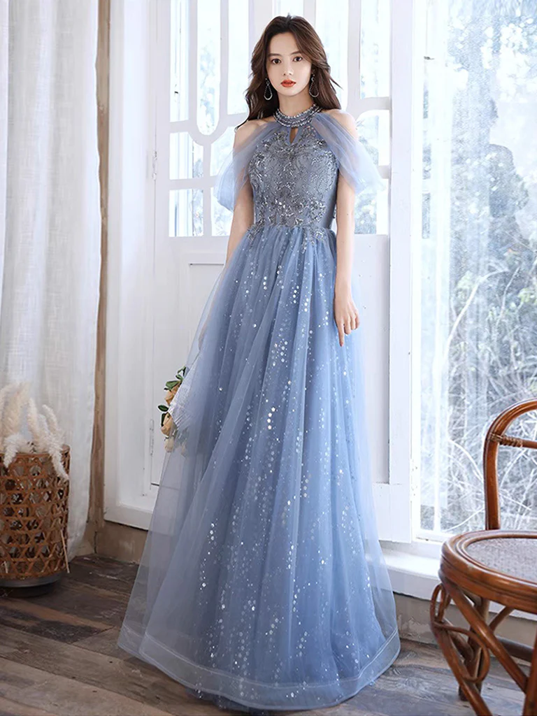 A-Line Off Shoulder Tulle Blue Long Prom Dress, Blue Lace Long Formal Dress - Deanwangkt