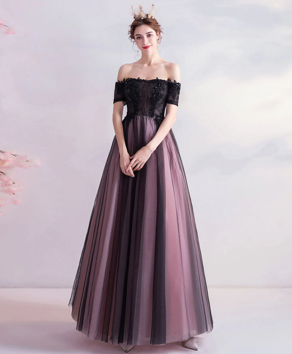 Purple Tulle Lace Off Shoulder Long Prom Dress, Purple Evening Dress - Deanwangkt