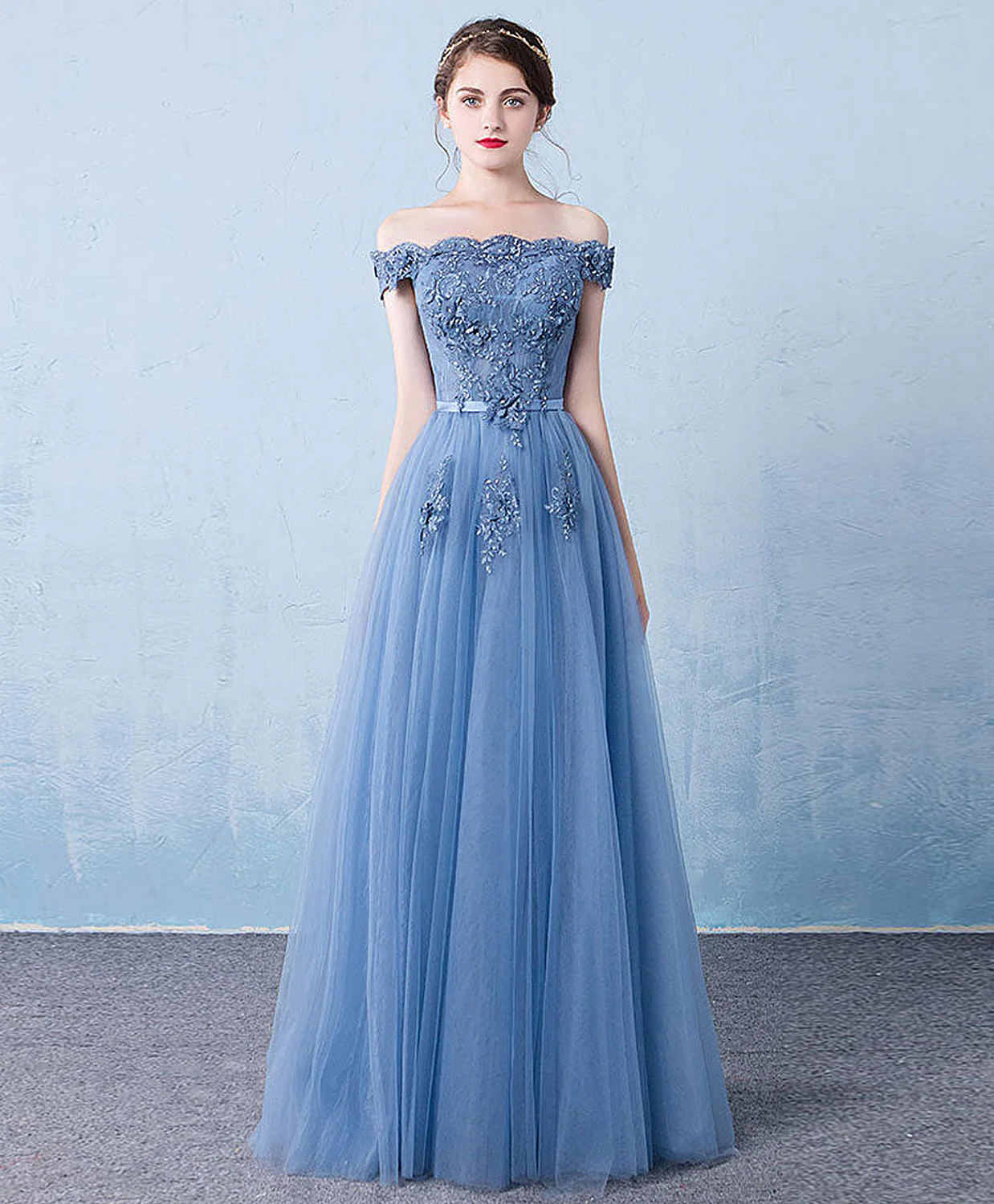 Blue Tulle Lace Off Shoulder Long Prom Dress, Bridesmaid Dress withe Beading - Deanwangkt