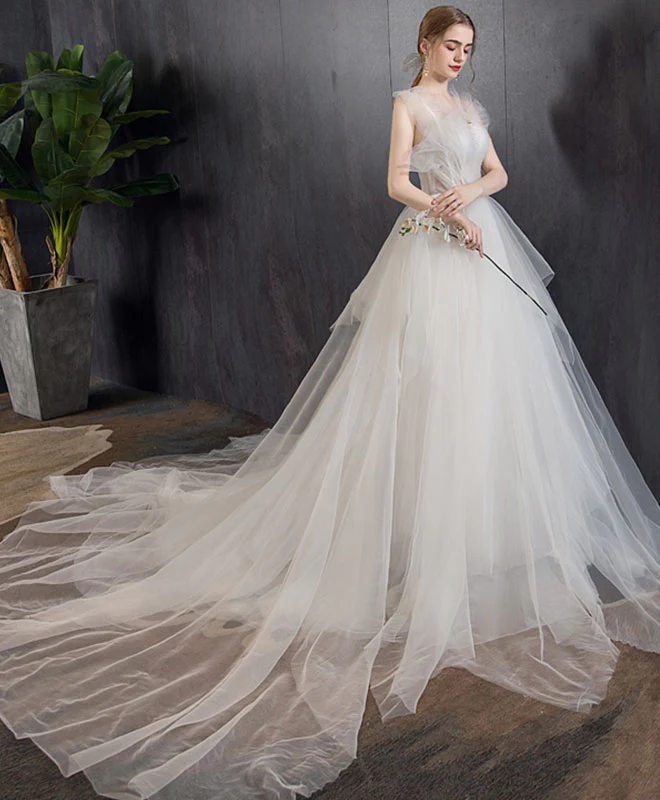 White Tulle Long Wedding Dress, White Tulle Long Bridal Dress - Deanwangkt