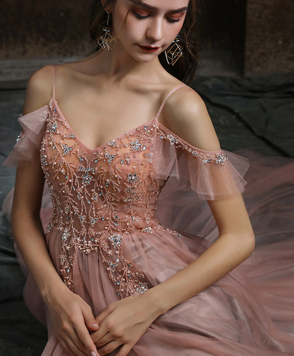 Pink V Neck Tulle Beading Long Prom Dress, Pink Formal Graduation Dresses - Deanwangkt