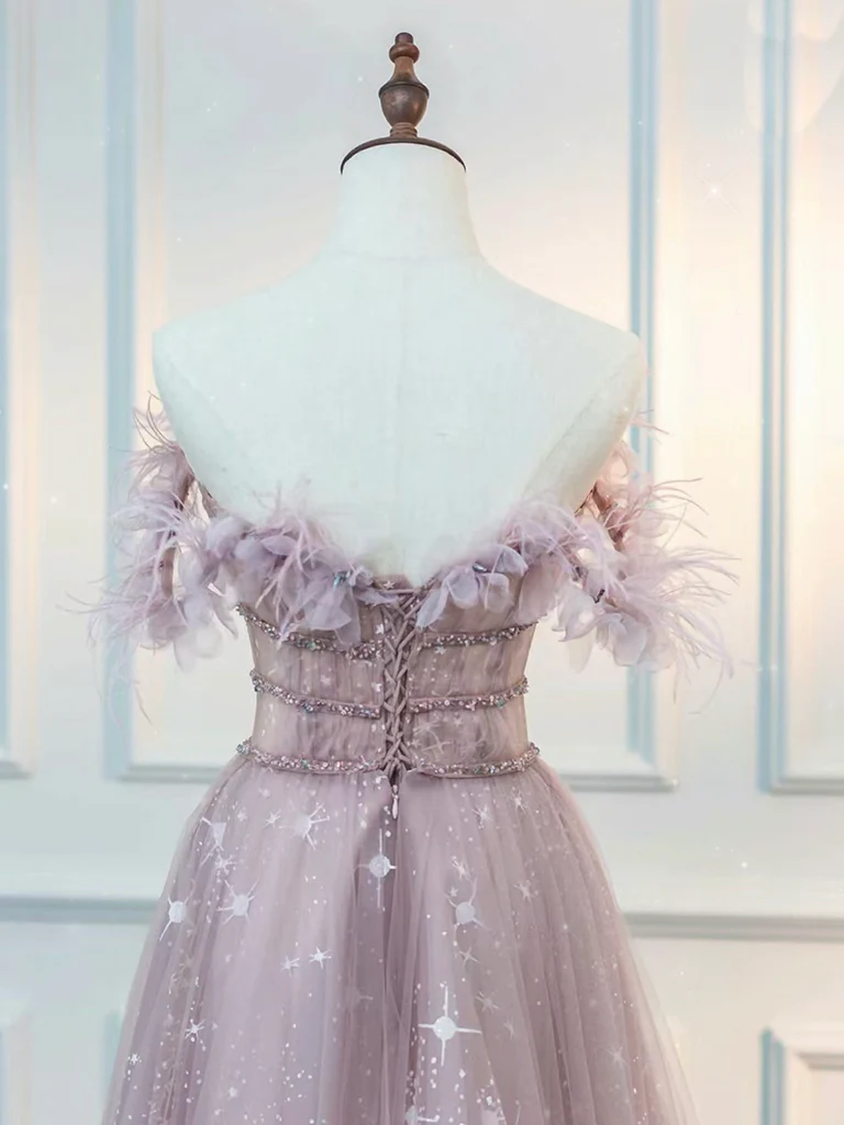 A-Line  Off Shoulder Tulle Pink Long Prom Dress, Pink Graduation Dress with Beads - Deanwangkt