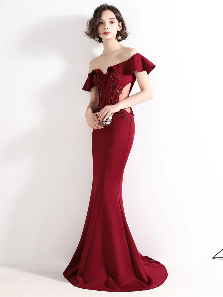 Burgundy Off Shoulder Satin Lace Long Prom Dress, Burgundy Evening Dresses - Deanwangkt