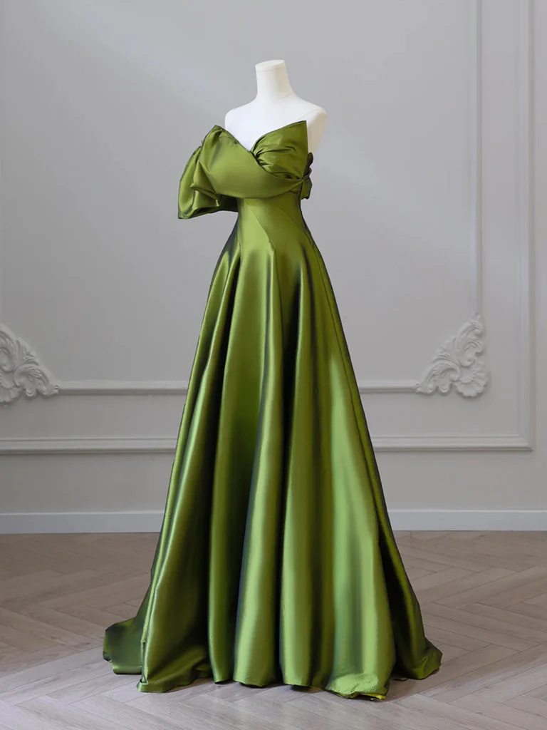 A-Line V Neck Satin Green Long Prom Dress, Green Long Formal Dress - Deanwangkt