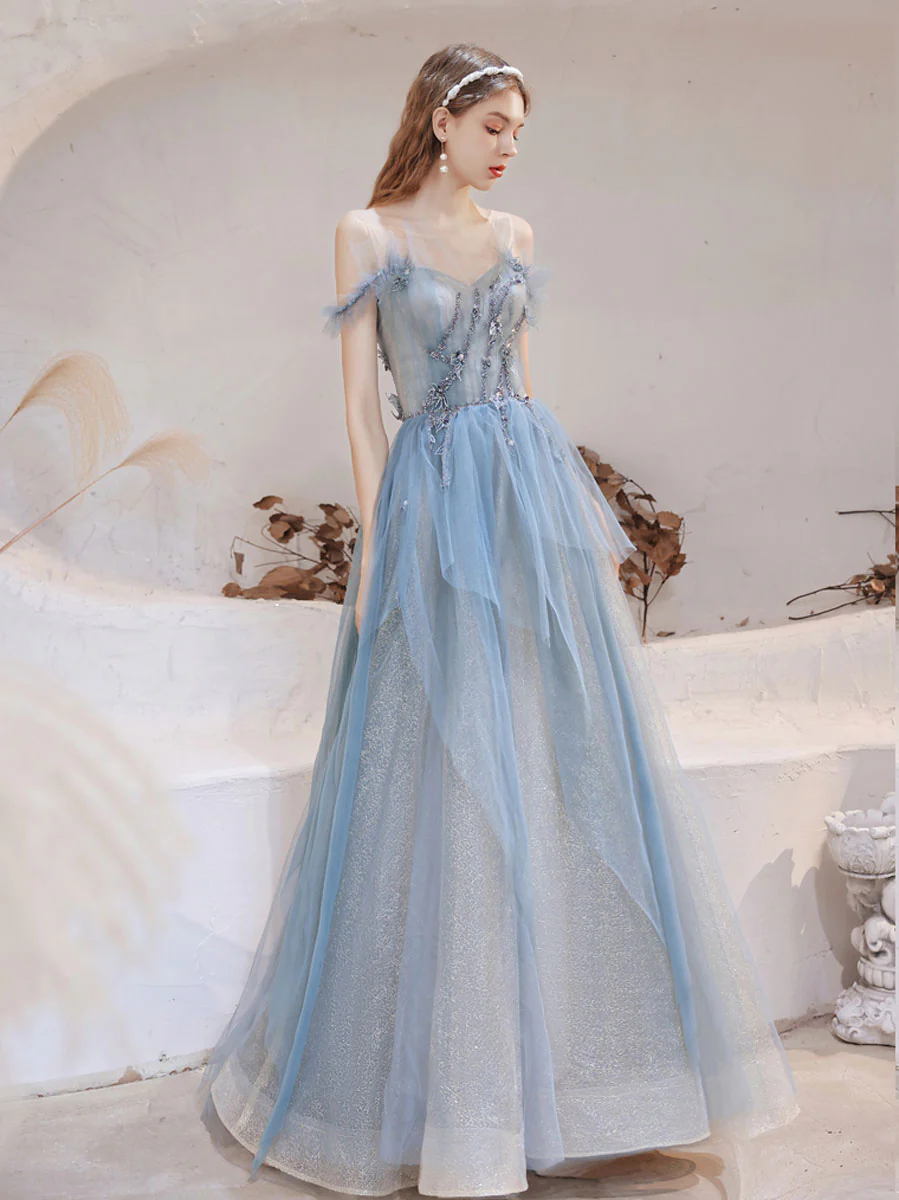 Blue Tulle Off Shoulder Beads Long Prom Dress, Blue Tulle Formal Dress - Deanwangkt