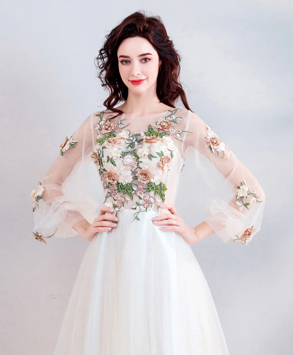 Light Champagne Tulle Lace Long Prom Dress, Champagne Tulle Evening Dress - Deanwangkt