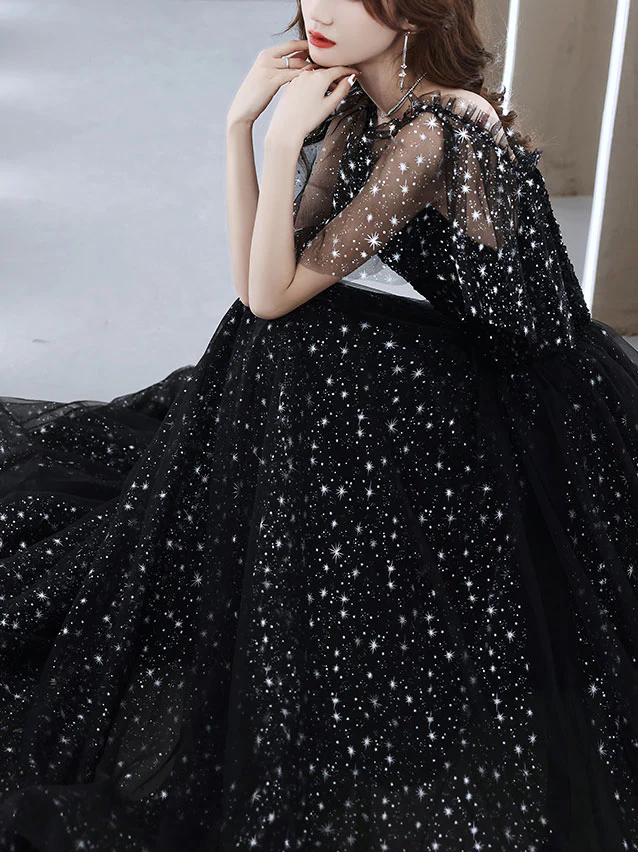 Black Tulle Off Shoulder Tulle Long Prom Dress Black Evening Dress - Deanwangkt
