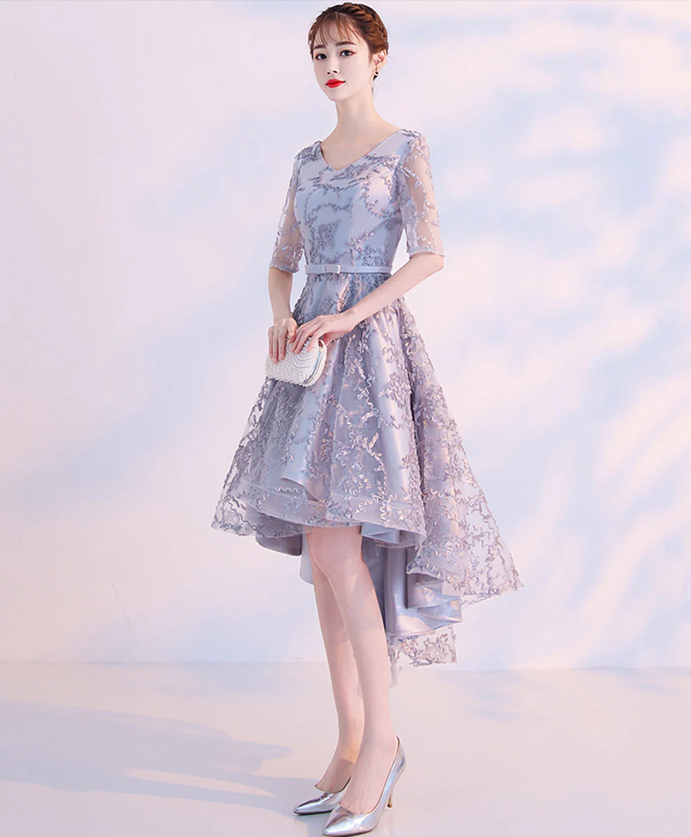 Gray Lace High Low Prom Dress Fray Lace Cocktail Dress, Gray Homecoming Dress - Deanwangkt