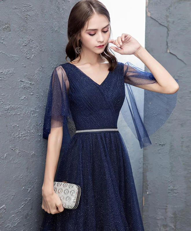 Dark Blue Sequin Tulle Long Prom Dress, Dark Blue Evening Dress - Deanwangkt