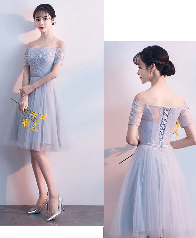 Cute Gray Tulle Lace Short Prom Dress Gray Tulle Homecoming Dress - Deanwangkt