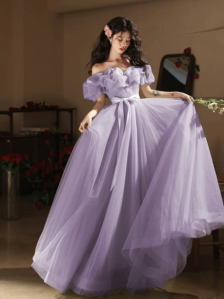 A-Line Off Shoulder Tulle Purple Long Prom Dress, Purple Long Formal Dress - Deanwangkt