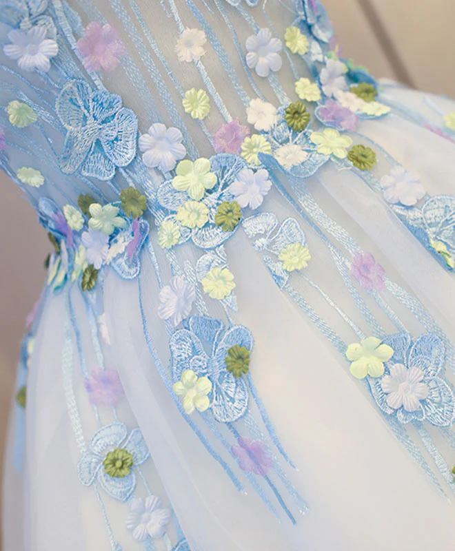 Cute Blue Lace Applique Short Prom Dress, Homecoming Dress - Deanwangkt