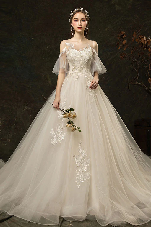 White Round Neck Tulle Lace Long Wedding Dress, Bridal Dress - Deanwangkt