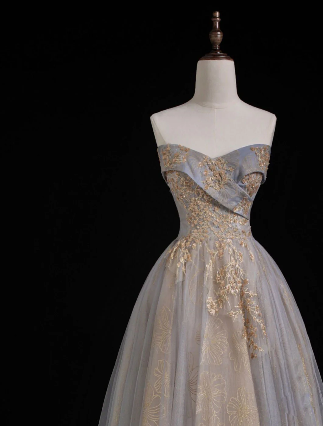 A Line Sweetheart Neck Gray Blue Long Prom Dress, Gray Court Train Blue Formal Gowns - Deanwangkt