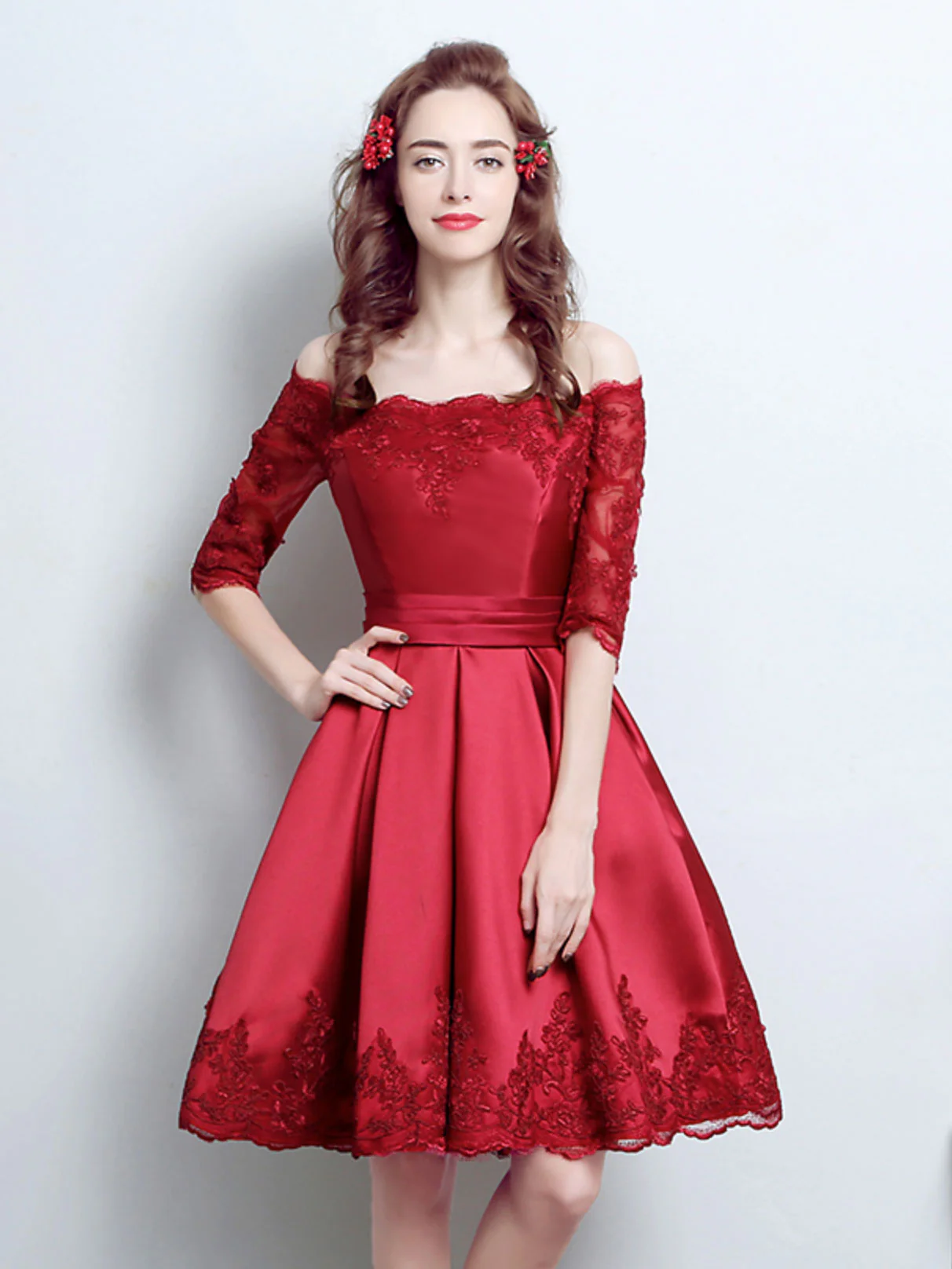 Burgundy Lace Satin Short Prom Dress, Burgundy Bridesmaid Dress - Deanwangkt