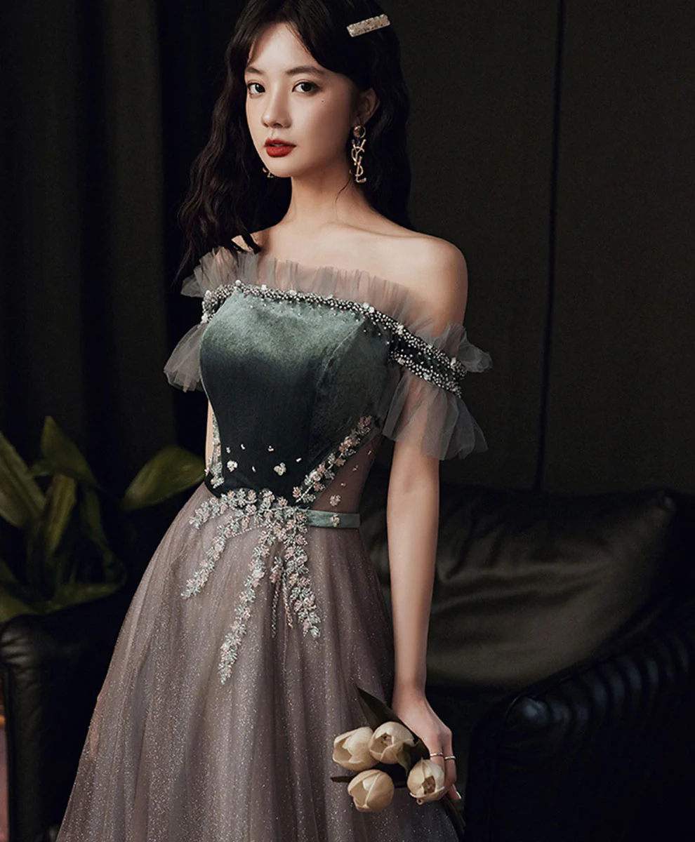 Green/Gray Sequin Long Prom Dresses, Green/Gray Formal Graduation Dress with Beading - Deanwangkt