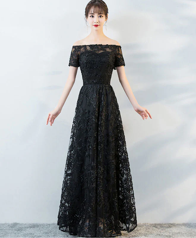 Black Tulle Lace Long Prom Dress, Black Lace Evening Dress - Deanwangkt