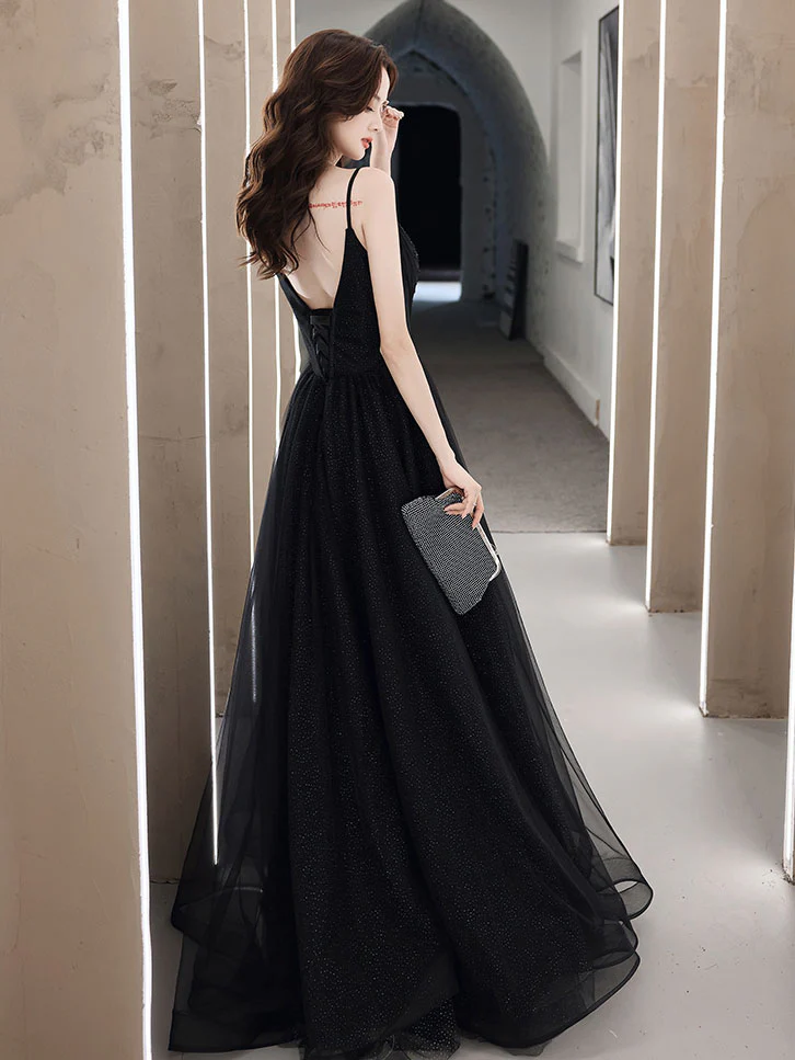 Black V Neck Tulle Lace Long Prom Dress Black Evening Dress - Deanwangkt