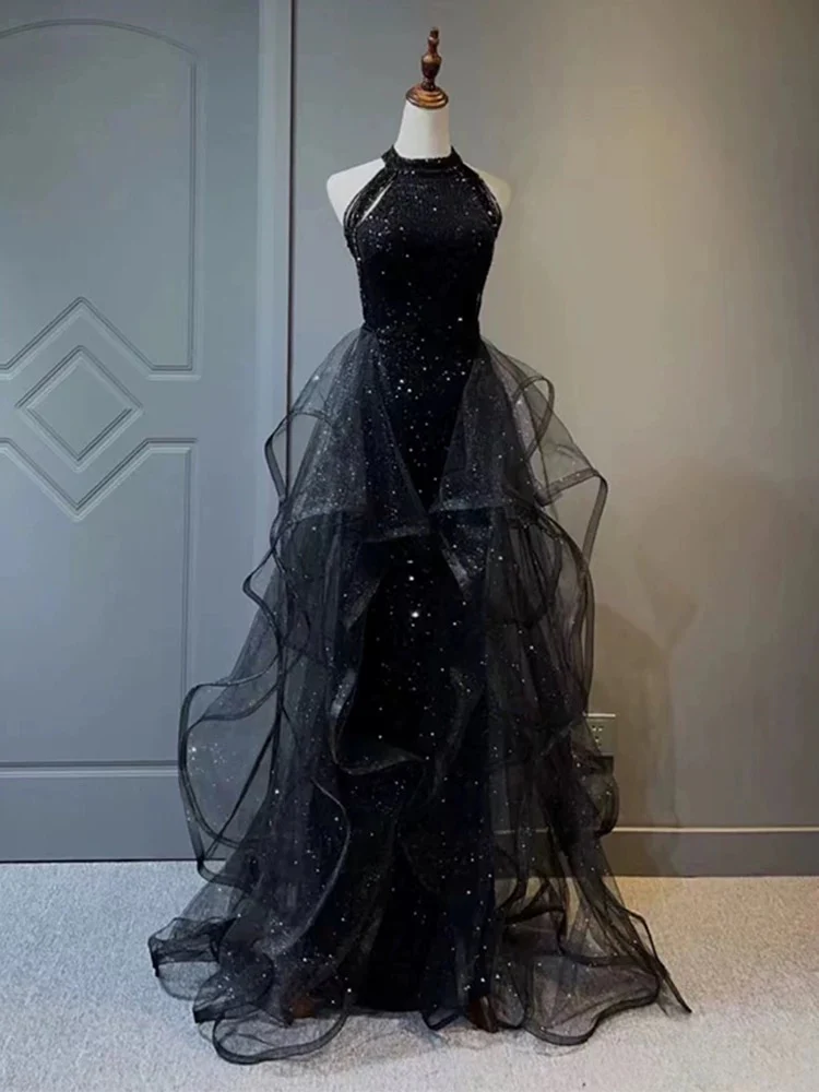 A-Line Tulle Sequin Black Long Prom Dress, Black Long Formal Dress - Deanwangkt