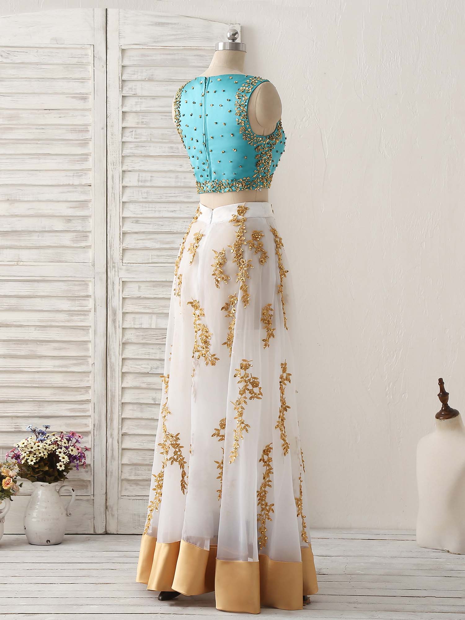 Unique Two Pieces Beads Lace Applique Long Prom Dress, Green Evening Dress - Deanwangkt